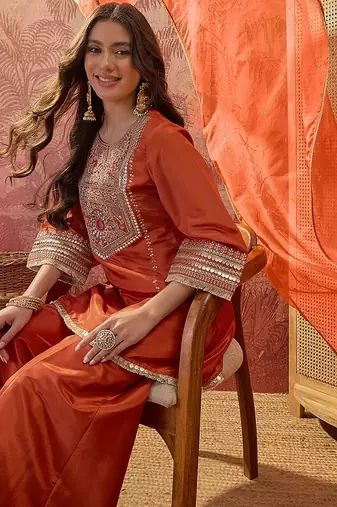 Orange embroidered french crepe kurta palazzo set with organza silk dupatta