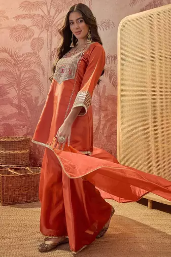 Orange embroidered french crepe kurta palazzo set with organza silk dupatta