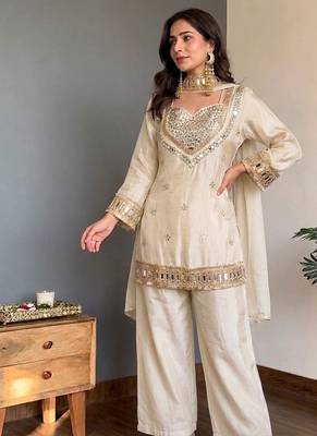 Cream embroidered mirror work chinon silk kurta palazzo set with striped dupatta 3