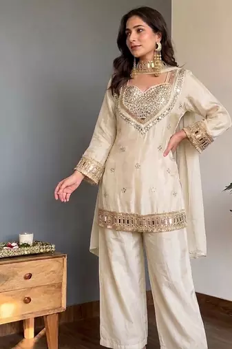 Cream embroidered mirror work chinon silk kurta palazzo set with striped dupatta