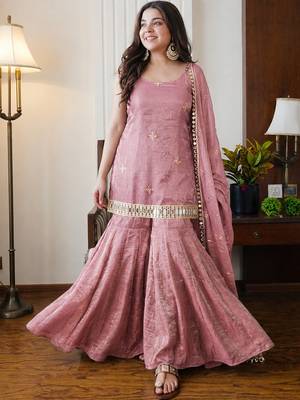 Peach embroidered shimmer silk sharara salwar suit set with dupatta 2