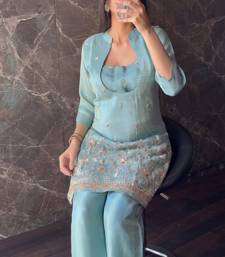 Aqua rama beads embroidered silk crepe kurta blouse with palazzo set