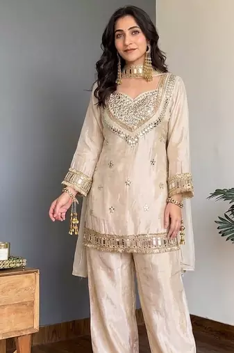 Cream embroidered mirror work chinon silk kurta palazzo set with striped dupatta