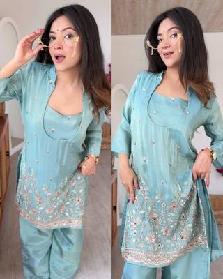 Aqua rama beads embroidered silk crepe kurta blouse with palazzo set 3