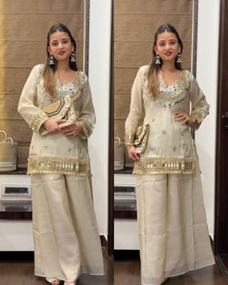 Cream embroidered mirror work chinon silk kurta palazzo set with striped dupatta 5