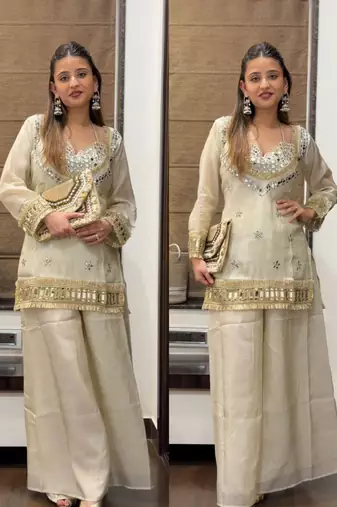 Cream embroidered mirror work chinon silk kurta palazzo set with striped dupatta