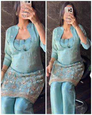 Aqua rama beads embroidered silk crepe kurta blouse with palazzo set 4