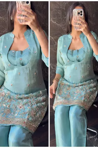 Aqua rama beads embroidered silk crepe kurta blouse with palazzo set
