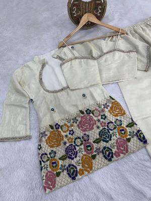 Cream beads embroidered chinon silk kurta blouse with palazzo set 5