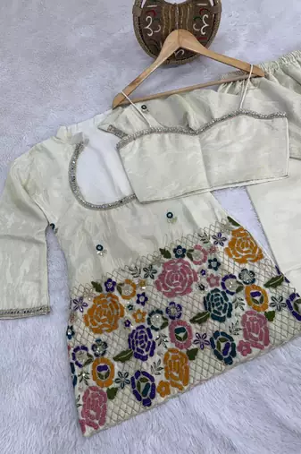 Cream beads embroidered chinon silk kurta blouse with palazzo set