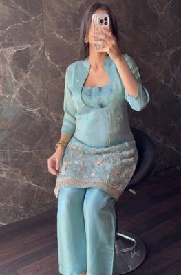 Aqua rama beads embroidered silk crepe kurta blouse with palazzo set 1