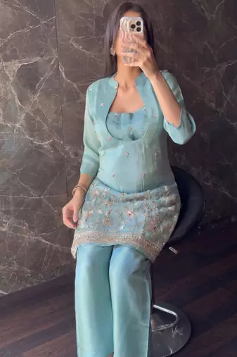 Aqua rama beads embroidered silk crepe kurta blouse with palazzo set