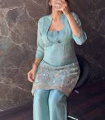 Aqua rama beads embroidered silk crepe kurta blouse with palazzo set