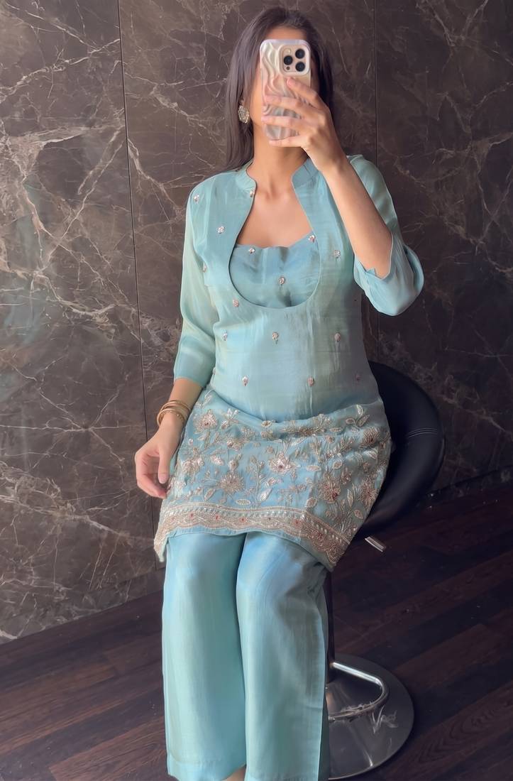 Aqua rama beads embroidered silk crepe kurta blouse with palazzo set