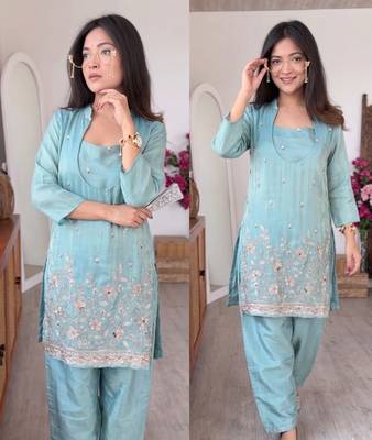 Aqua rama beads embroidered silk crepe kurta blouse with palazzo set 5