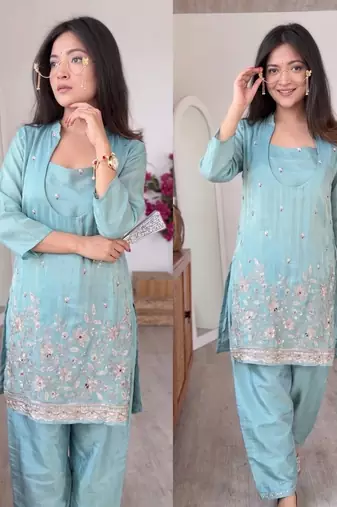Aqua rama beads embroidered silk crepe kurta blouse with palazzo set