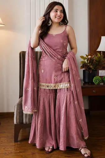 Peach embroidered shimmer silk sharara salwar suit set with dupatta