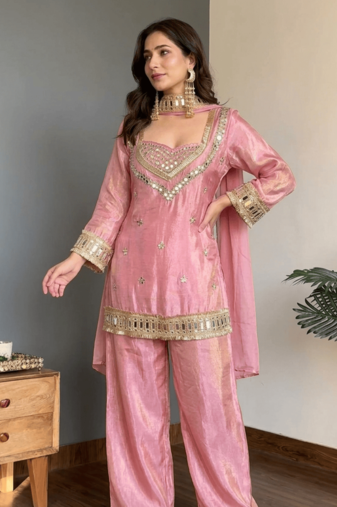 Pink embroidered mirror work chinon silk kurta palazzo set with striped dupatta