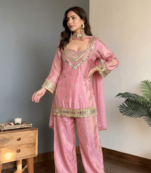 Pink embroidered mirror work chinon silk kurta palazzo set with striped dupatta