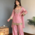 Pink embroidered mirror work chinon silk kurta palazzo set with striped dupatta