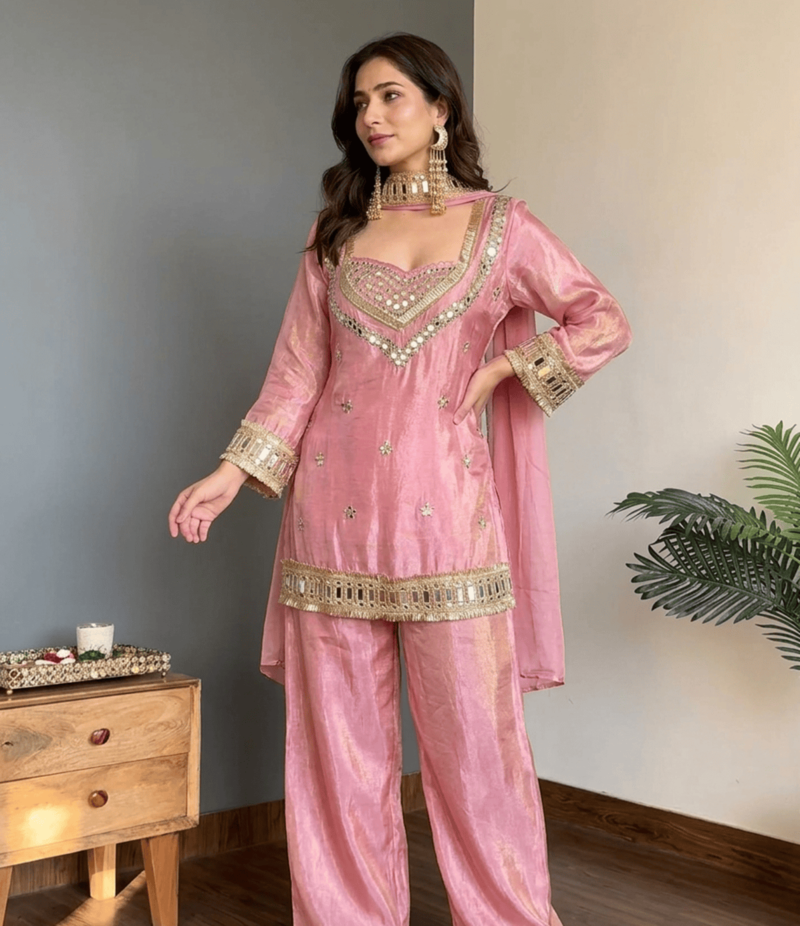 Pink embroidered mirror work chinon silk kurta palazzo set with striped dupatta
