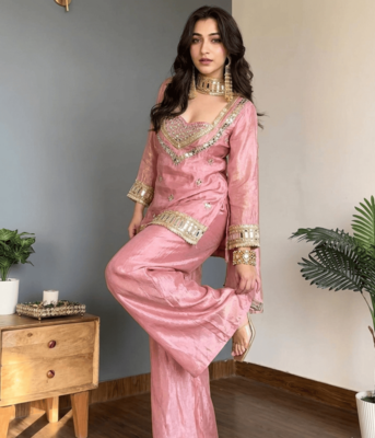 Pink embroidered mirror work chinon silk kurta palazzo set with striped dupatta 2