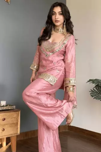 Pink embroidered mirror work chinon silk kurta palazzo set with striped dupatta