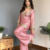 Pink embroidered mirror work chinon silk kurta palazzo set with striped dupatta
