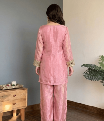 Pink embroidered mirror work chinon silk kurta palazzo set with striped dupatta 3