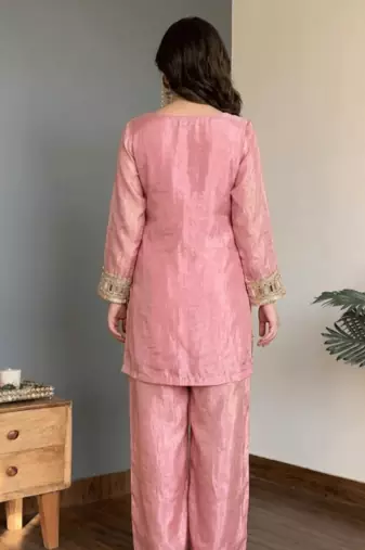 Pink embroidered mirror work chinon silk kurta palazzo set with striped dupatta