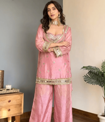 Pink embroidered mirror work chinon silk kurta palazzo set with striped dupatta 4