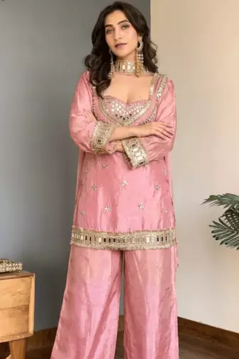 Pink embroidered mirror work chinon silk kurta palazzo set with striped dupatta