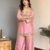 Pink embroidered mirror work chinon silk kurta palazzo set with striped dupatta