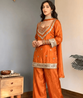 Orange embroidered mirror work chinon silk kurta palazzo set with striped dupatta 5