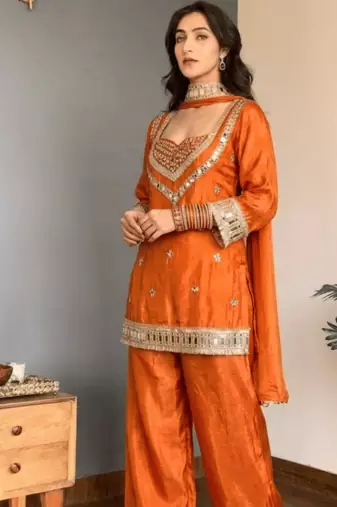 Orange embroidered mirror work chinon silk kurta palazzo set with striped dupatta