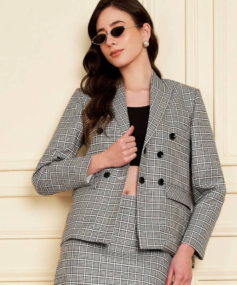 Checked notched lapel double-breasted  blazers