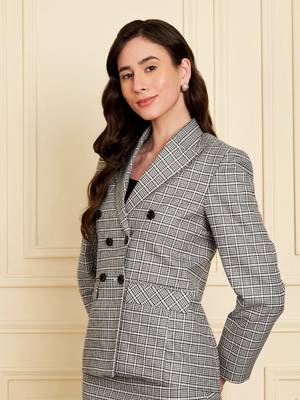 Checked notched lapel double-breasted  blazers 5
