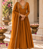 Burnt orange cotton handwork anarkali suit set