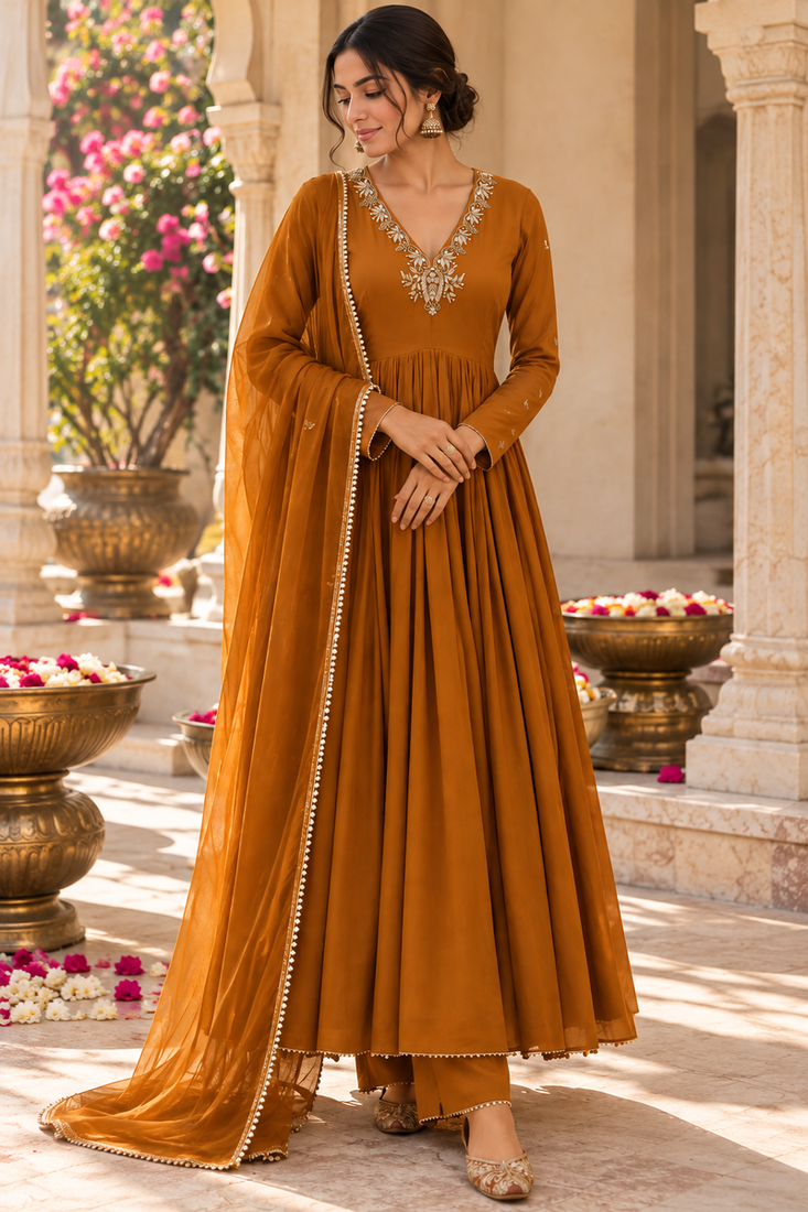 Burnt orange cotton handwork anarkali suit set