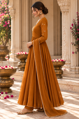 Burnt orange cotton handwork anarkali suit set 2