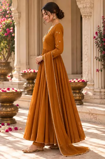 Burnt orange cotton handwork anarkali suit set