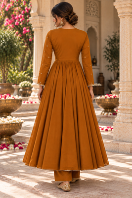 Burnt orange cotton handwork anarkali suit set 3