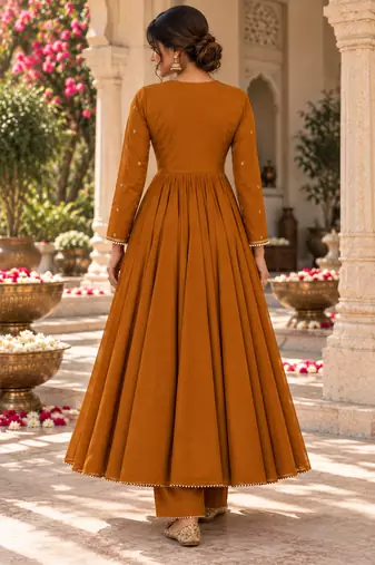 Burnt orange cotton handwork anarkali suit set