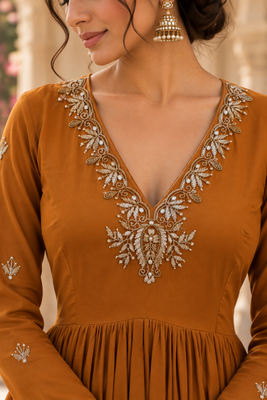Burnt orange cotton handwork anarkali suit set 4