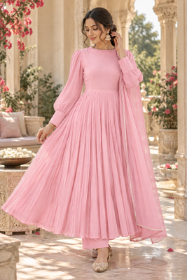 Baby pink cotton pleated anarkali suit 1