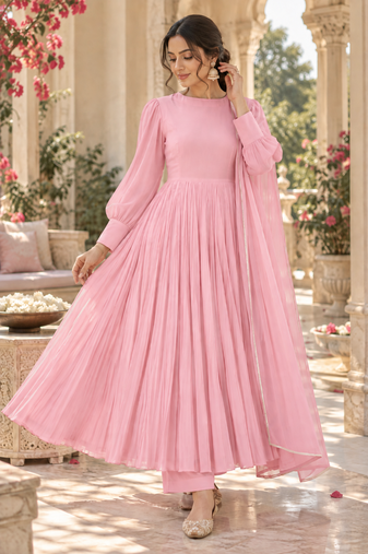 Baby pink cotton pleated anarkali suit