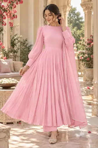 Baby pink cotton pleated anarkali suit
