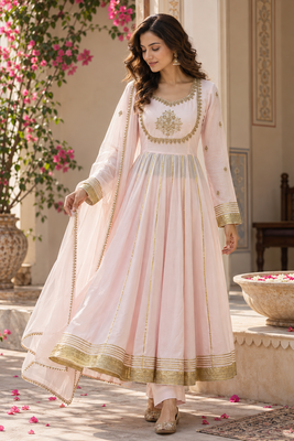 Baby pink cotton gota patti handwork anarkali suit set 1