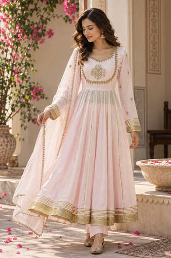 Baby pink cotton gota patti handwork anarkali suit set