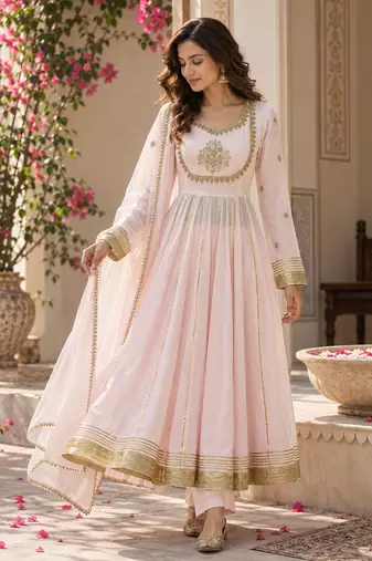 Baby pink cotton gota patti handwork anarkali suit set